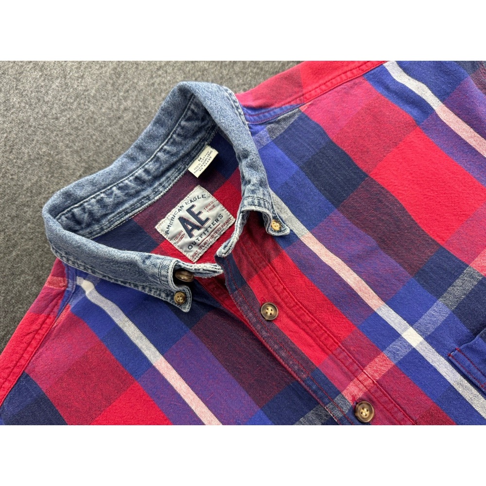 VTG 90s American Eagle Men's Sz M Denim Button-Up Shirt‎ Plaid Cotton Grunge Y2K